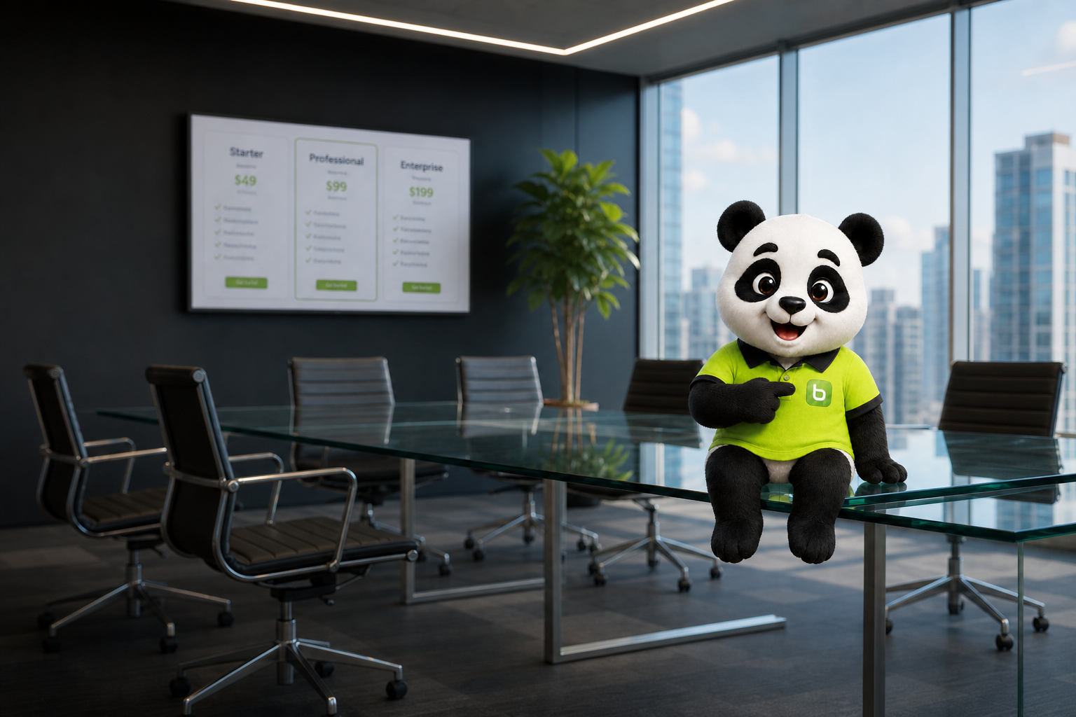 Mascote Bamboo apontando para o logo na camisa, em uma sala de reunião